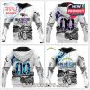 White hoodies for Ravens and Chargers with cyclist artwork, mountain backdrop, mechanical gear details, and bold “00” number design on the back!