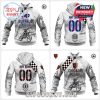 White motocross hoodies for Bills and Bears fans with grayscale dirt racing scenes, team logos, and customizable name and number on the back!