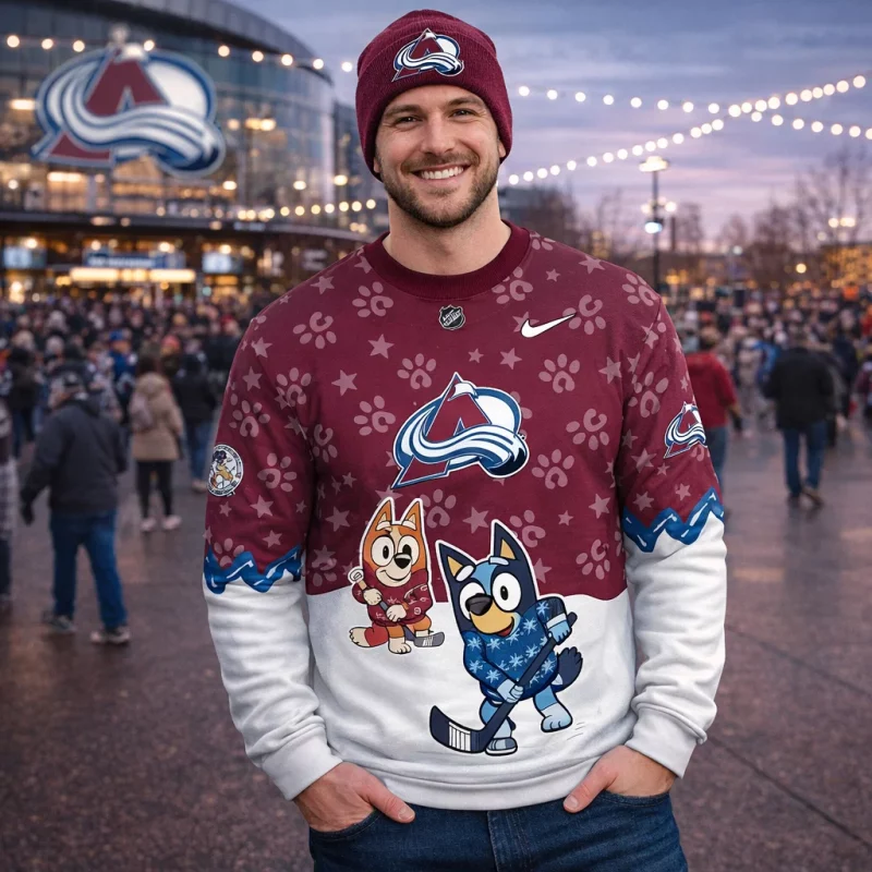 All Team NHL x Bluey Night hockey jersey lineup showing multiple team colorways and Bluey hockey artwork