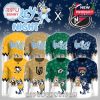 Bluey-themed NHL sweaters with cartoon characters and team logos in festive winter colors like gold, green, and blue, highlighting teams Pittsburgh, Vegas, Dallas, and Florida!