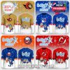 Cartoon-themed holiday NHL sweaters pairing Bluey with the Rangers, Islanders, Devils, and Senators in blue, red, and tan color schemes!
