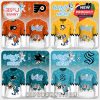 Fun hockey sweaters combining Bluey characters and NHL teams: Philadelphia Flyers, San Jose Sharks, Seattle Kraken, and Pittsburgh Penguins in festive colors!