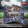 Front view of a Denver Broncos cap featuring graffiti art elements, team branding, and name personalization on the visor.