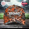 Front view of Cleveland Browns graffiti-inspired cap with orange-black artwork, team logo, and customizable name on the visor.