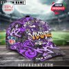 Urban-styled purple graffiti Minnesota Vikings cap featuring the team logo and name customization on the visor.