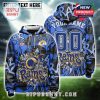 Blue and gold Rams hoodie with layered graffiti effects and space for custom name and number on the back.