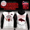 Broncos hoodie with Stranger Things crossover, Hellfire Club chest design, and red highlights on a white and black base!