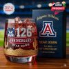 Arizona Wildcats red whiskey glass with Wildcat logo, desert base design, 126th anniversary badge, and matching blue box at stadium!
