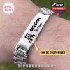On-wrist view of Arizona stainless bracelet with engraved logo and custom name!