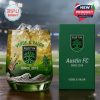 Austin FC themed whiskey glass with green design crest artwork and matching presentation box.