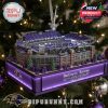 A detailed scale model of a sports stadium designed as a Christmas tree ornament with purple lighting and team branding!