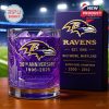Purple Baltimore Ravens whiskey glass with team logo, anniversary date, skyline design, and gift box at stadium setting!
