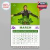 Barry Manilow March 2025 calendar featuring a green design for St. Patrick’s Day with clover elements and performance imagery!