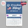 Barry Manilow calendar page for July 2025 featuring patriotic art and text honoring Independence Day with bold Americana style!