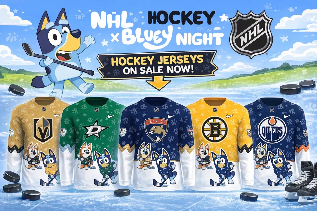 Bluey Night NHL hockey jersey banner showing Bluey character and NHL-inspired design