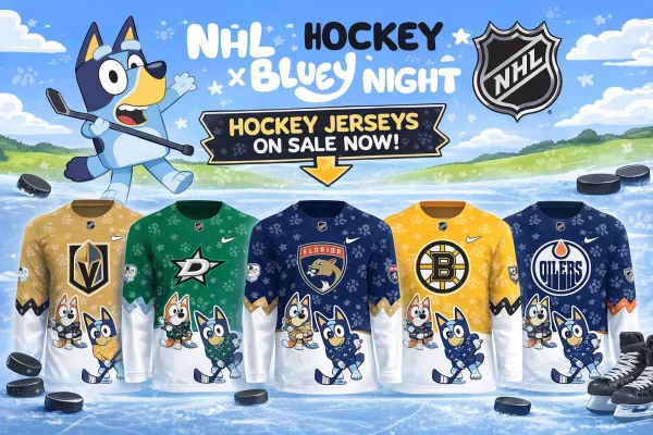 Bluey Night NHL hockey jersey banner showing Bluey character and NHL-inspired design