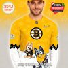 Man wearing yellow Boston Bruins Bluey Night hockey jersey with cartoon dogs playing hockey!