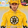 Front view of a yellow Boston Bruins hoodie with cartoon Bluey characters and detailed NHL and Nike branding!