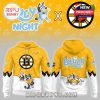 Front and back of a yellow Boston Bruins hoodie with Bluey cartoon art, perfect for sports-loving families and young fans!