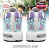 Back side of mint and purple BTS shoes showing logo details, character-themed accents, and padded collar for comfort!