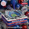 Miniature Buffalo Bills stadium ornament with holiday snow details on a Christmas tree, celebrating 65 years from 1960 to 2025, by Bipu Bunny.