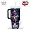 Buffalo Bills insulated mug front, with dramatic football illustration over stadium lights and roaring crowd, emphasizing energy and fandom.