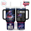 Buffalo Bills travel mug showing both front and back: flaming football scene, 