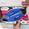 Buffalo Bills-themed sneaker with custom text option shown in-hand inside its packaging, featuring festive red and blue design!