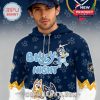 Blue and white hoodie with Bluey Night logo, Buffalo Sabres styling, and cartoon graphics, paired with a navy cap!