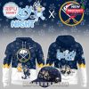Full themed set of Bluey and Buffalo Sabres collaboration hoodie and cap with winter sport and cartoon appeal!