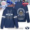 A navy waffle-texture hoodie showing BYU team pride with standout front text and a detailed back graphic of a skull helmet!