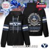 A black hoodie combining sporty stripes, fan spirit, and a bold skull-in-helmet design for BYU supporters!