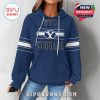 Navy waffle-texture women’s hoodie showing off BYU team logo and text in an athletic, casual style!