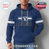 Navy BYU hoodie for men featuring classic front branding and sleeve stripes for a strong game-day look!