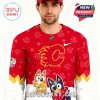 Front view of red Calgary Flames Bluey Night hockey jersey with cartoon dogs!