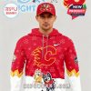 Red and white Calgary Flames hoodie and hat featuring Bluey characters.