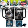 Front and back view of the Carolina Panthers tumbler, highlighting full wraparound graphics including a football, crowd, field, and drink option checklist.