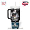 Front-facing design of the Panthers-themed tumbler with intense art of a flaming football, energized background, and 