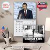 Charlie Kirk is giving a speech in a navy suit and red tie on the February 2026 calendar page, surrounded by patriotic decor on a modern desk setup.