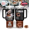 Chicago Bears 40oz tumbler showing front and back, featuring a blazing football, stadium background, drink list, and team pride slogan.