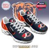 A pair of holiday-themed Chicago Bears sneakers with a navy upper, orange heels, and a festive logo, designed for fans who want to show their team pride during the holiday season!