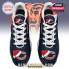 Top view of Chicago Bears-themed sneakers with white laces and a Christmas-styled logo printed on the toe box and tongue!
