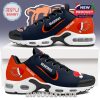 Holiday-themed Bears sneakers with navy blue sides, orange branding elements, and customized text, resting on a white display box!