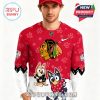Front view red Chicago Blackhawks hockey sweater with cartoon graphics!