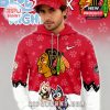 Red hoodie and cap with Chicago Blackhawks logo and Bluey holiday characters, designed for NHL and animation fans!
