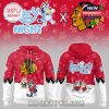 Red holiday hoodie with cartoon and NHL graphics, featuring both front chest and back artwork in Bluey x Blackhawks style!
