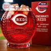 Cincinnati Reds whiskey glass featuring a detailed stadium illustration and the Reds logo.