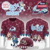 Front and back view of Bluey x Colorado Avalanche hockey jersey and hat!