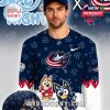 Bluey-themed hockey shirt featuring the Columbus Blue Jackets logo, Bluey and Bingo characters, paw prints, and festive details!