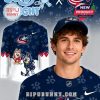 Bluey Night Columbus Blue Jackets shirt and hat featuring cartoon characters Bluey and Bingo, paw print patterns, and team branding!